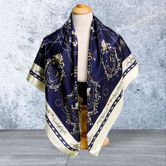 Scarf Headwraps for Women Silk Scarf Navy Satin Print 35 x 35 - Picture 2 of 12